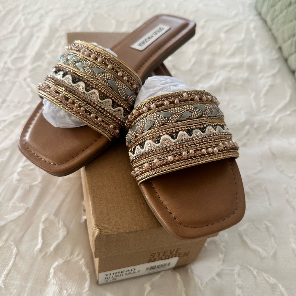 Steve Madden Blush and Gold Beaded Sandals